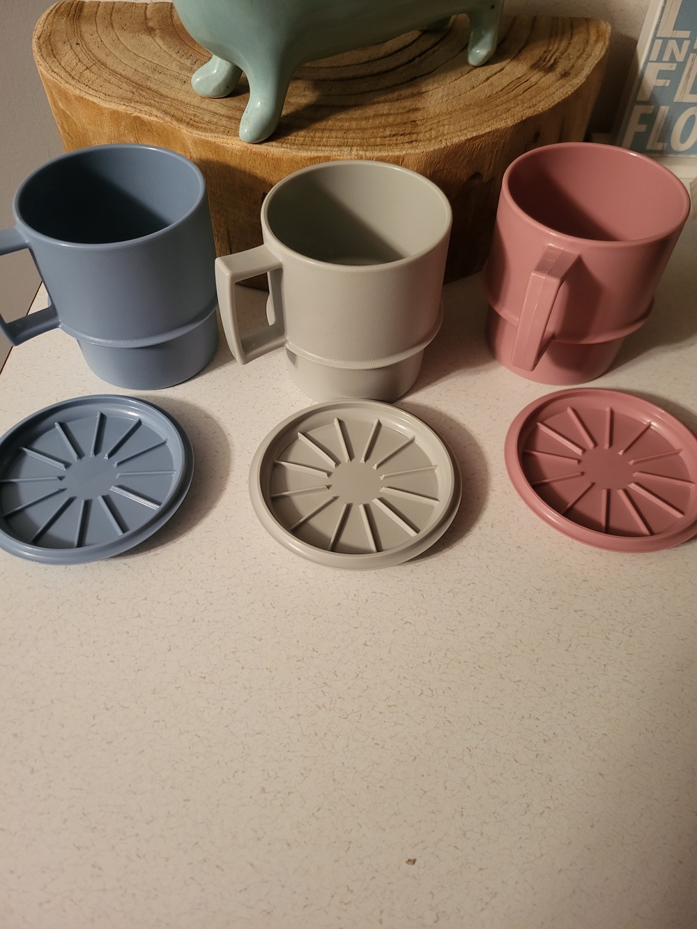 3 Vintage Tupperware Pastel Stacking Handle Coffee Mug 3 Lids/coasters 1312 1313